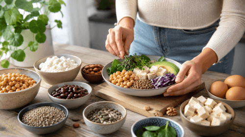 Kasvisruokavalion proteiininlähteitä kuten tofu, pavut, linssit, raejuusto ja kananmunat