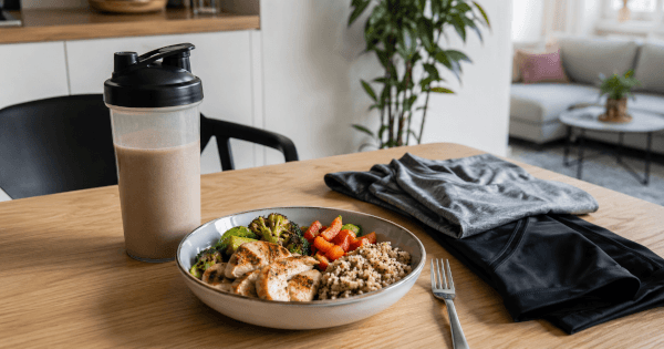 proteiinijauhe ja terveellinen ateria proteiinin saannin tukena
