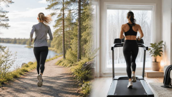 Henkilö juoksee ulkona järvimaisemassa ja toinen juoksee juoksumatolla kotona