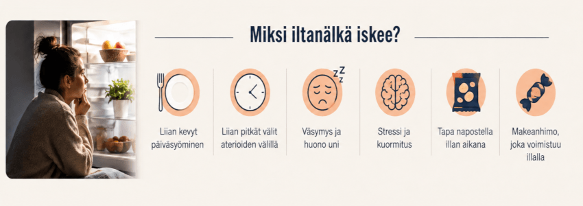 Kuvitus iltanälän yleisistä syistä kuten väsymyksestä, stressistä ja pitkästä ateriavälistä