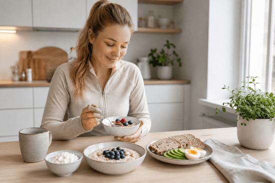Proteiinipitoinen aamupala valoisassa keittiössä