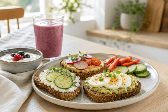 Proteiinipitoinen leipäaamupala ja marjasmoothie