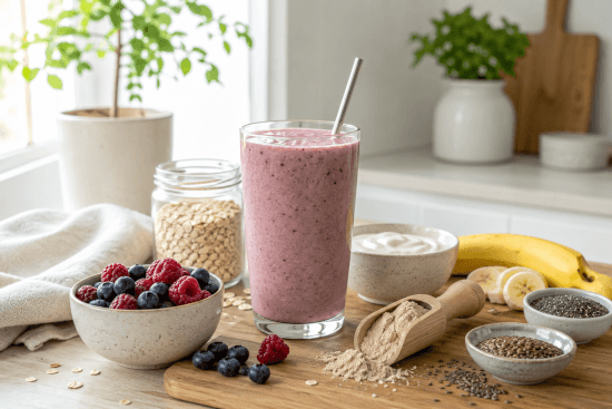 Marjainen proteiinismoothie ja smoothieen sopivia aineksia pöydällä