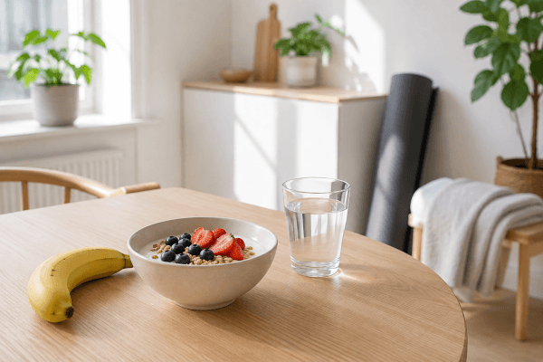 Banaani, jogurttiannos ja vesilasi pöydällä ennen treeniä